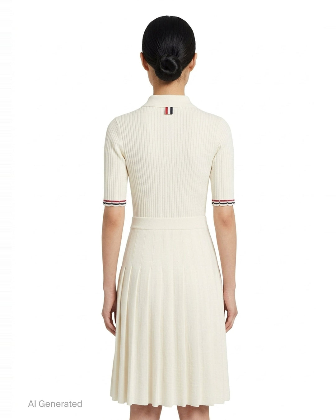 Thom Browne below knee polo dress in ivory ribbed knit with pleated skirt, silver-tone button placket, and signature red, white, and blue stripe cuff trim - back