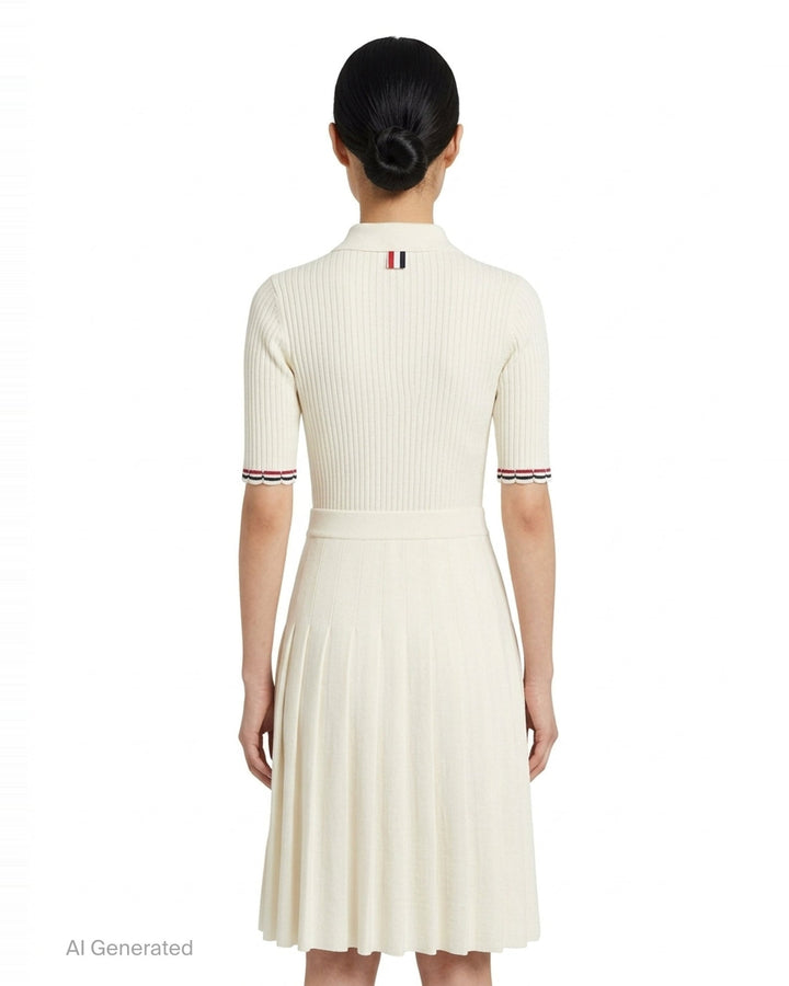 Thom Browne below knee polo dress in ivory ribbed knit with pleated skirt, silver-tone button placket, and signature red, white, and blue stripe cuff trim - back