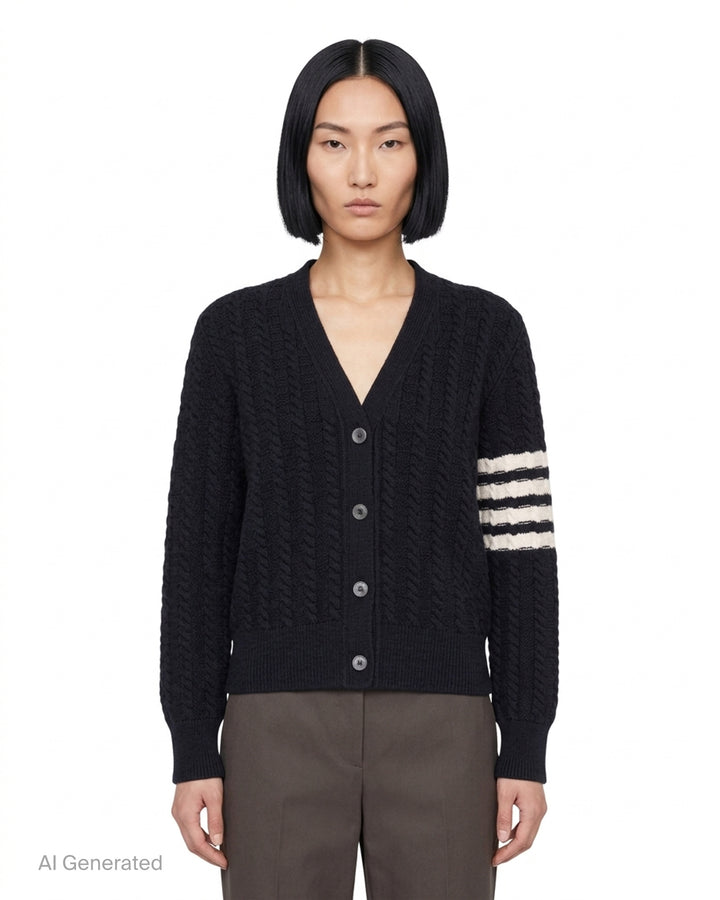 Thom Browne grey cable knit V-neck cardigan with cream 4-bar stripe on the sleeve and button front - front