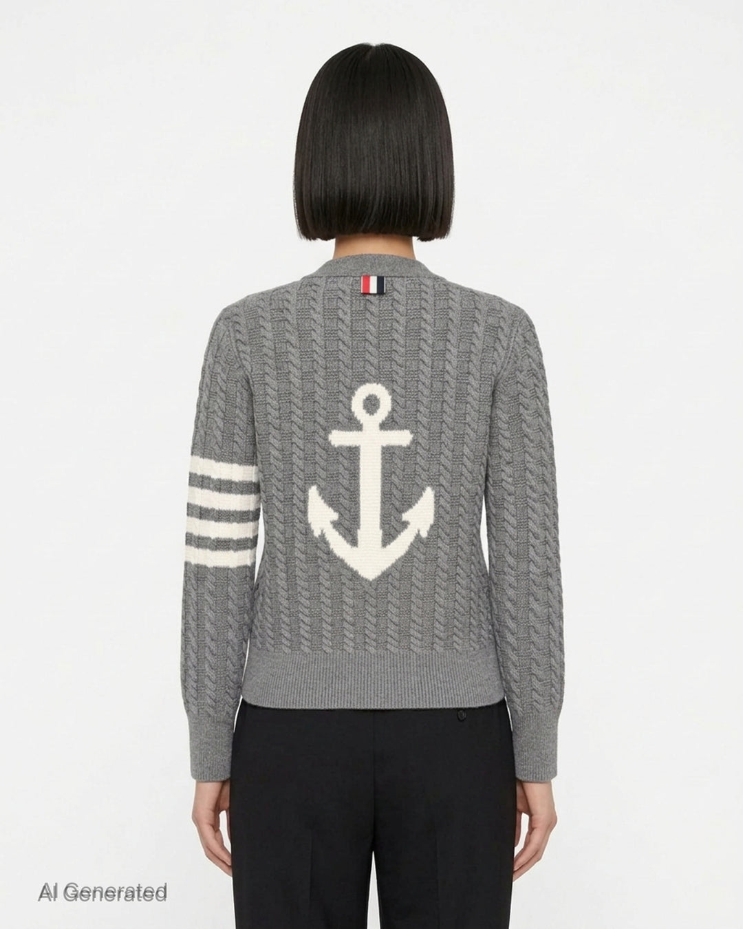 Thom Browne grey cable knit V-neck cardigan with cream 4-bar stripe on the sleeve and button front - back