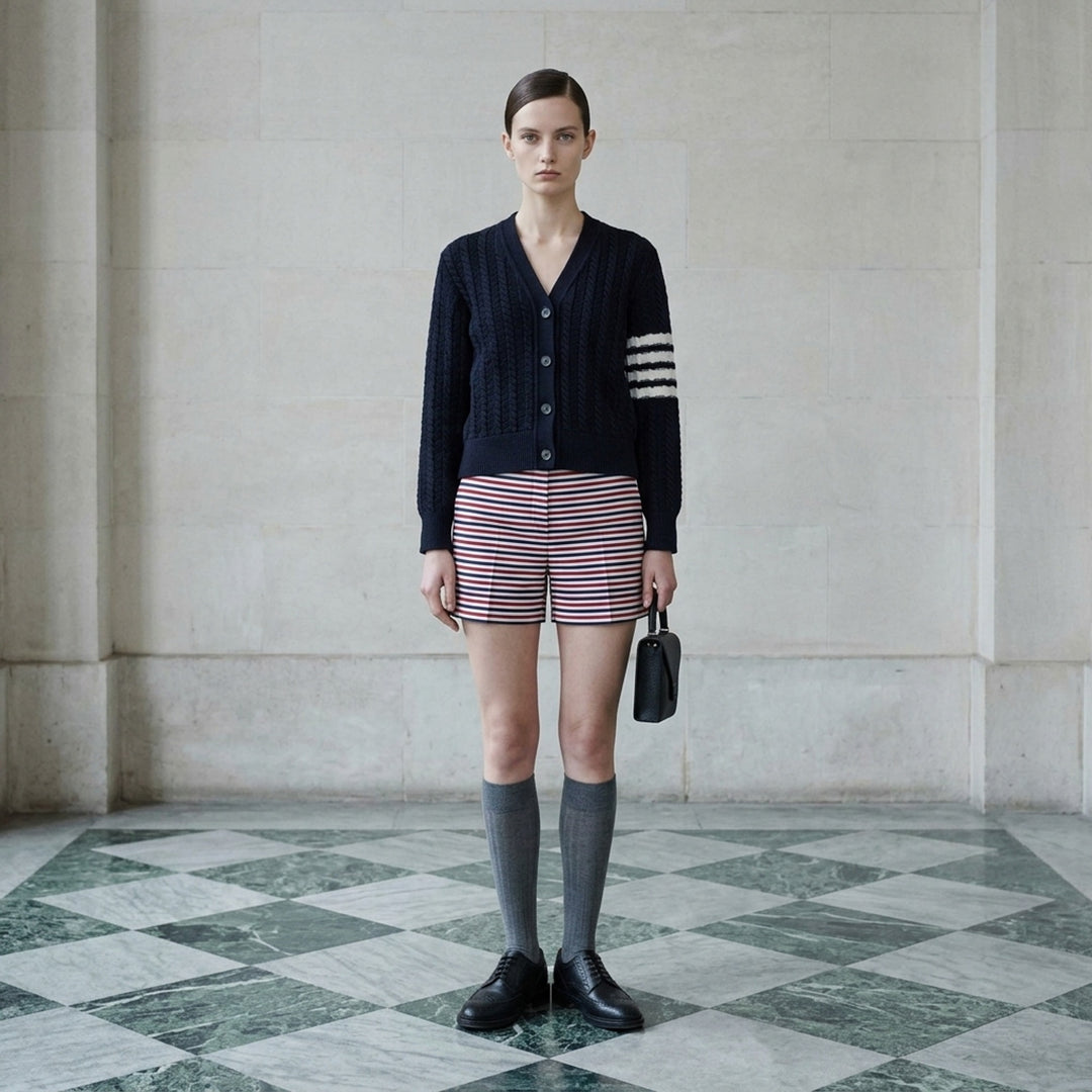 Thom Browne grey cable knit V-neck cardigan with cream 4-bar stripe on the sleeve and button front - lifestyle