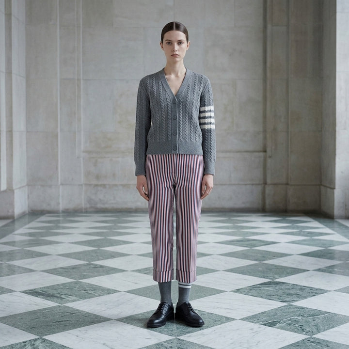 Thom Browne grey cable knit V-neck cardigan with cream 4-bar stripe on the sleeve and button front - lifestyle