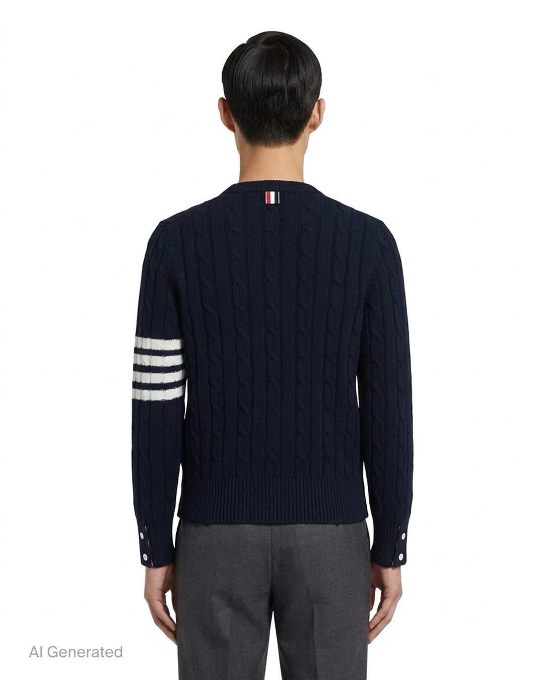 Thom Browne navy cable-knit relaxed fit V-neck sweater with white 4-bar stripe on the sleeve - back