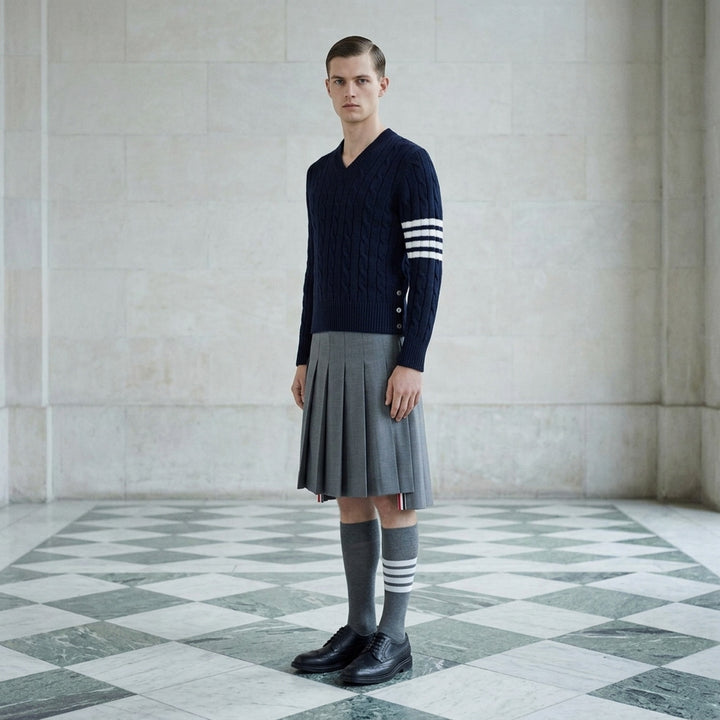 Thom Browne navy cable-knit relaxed fit V-neck sweater with white 4-bar stripe on the sleeve - lifestyle