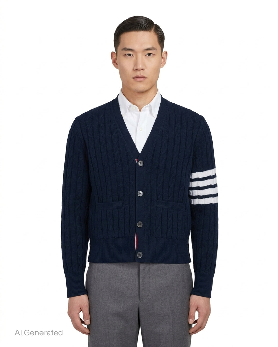 Navy cable-knit V-neck cardigan with white 4-bar stripe on the sleeve, button front and two front pockets - front
