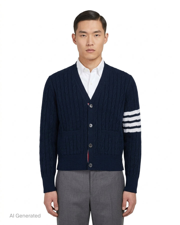 Navy cable-knit V-neck cardigan with white 4-bar stripe on the sleeve, button front and two front pockets - front