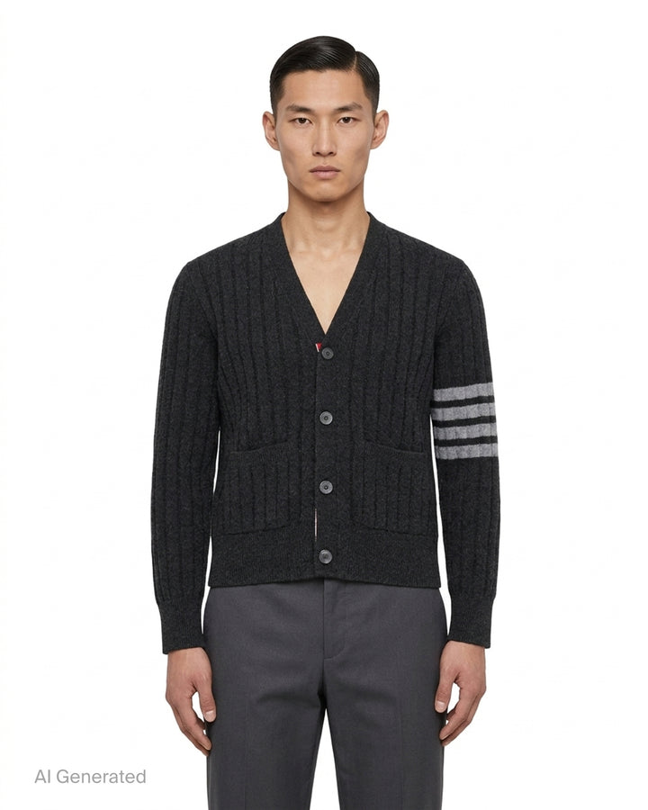 Navy cable-knit V-neck cardigan with white 4-bar stripe on the sleeve, button front and two front pockets - front