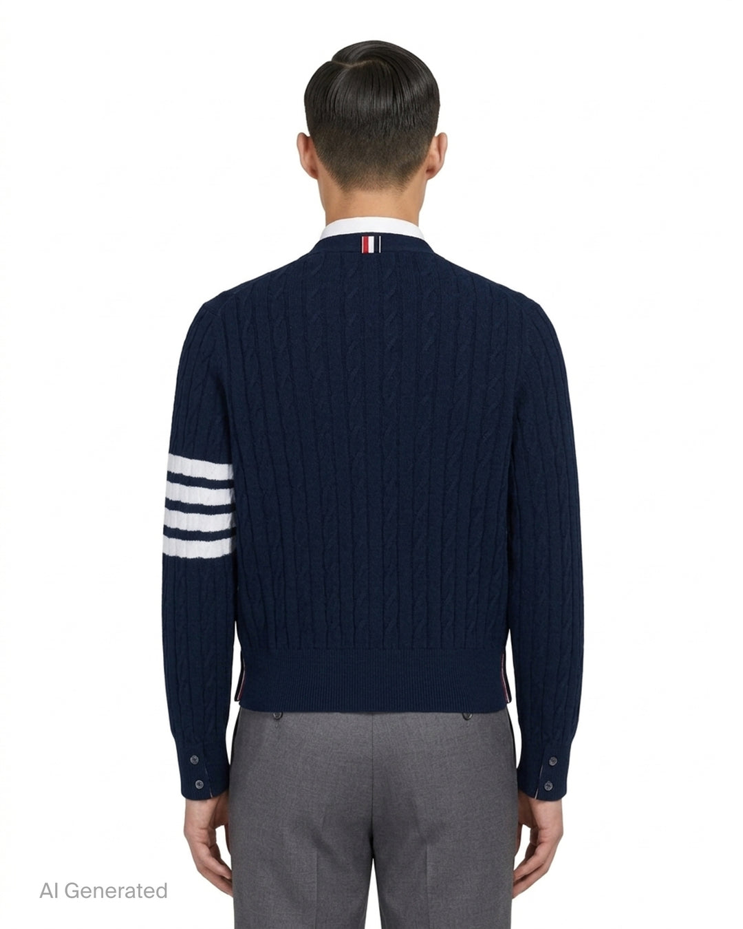 Navy cable-knit V-neck cardigan with white 4-bar stripe on the sleeve, button front and two front pockets - back