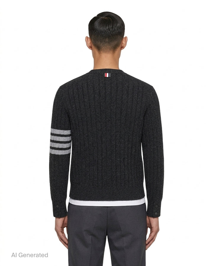 Navy cable-knit V-neck cardigan with white 4-bar stripe on the sleeve, button front and two front pockets - back