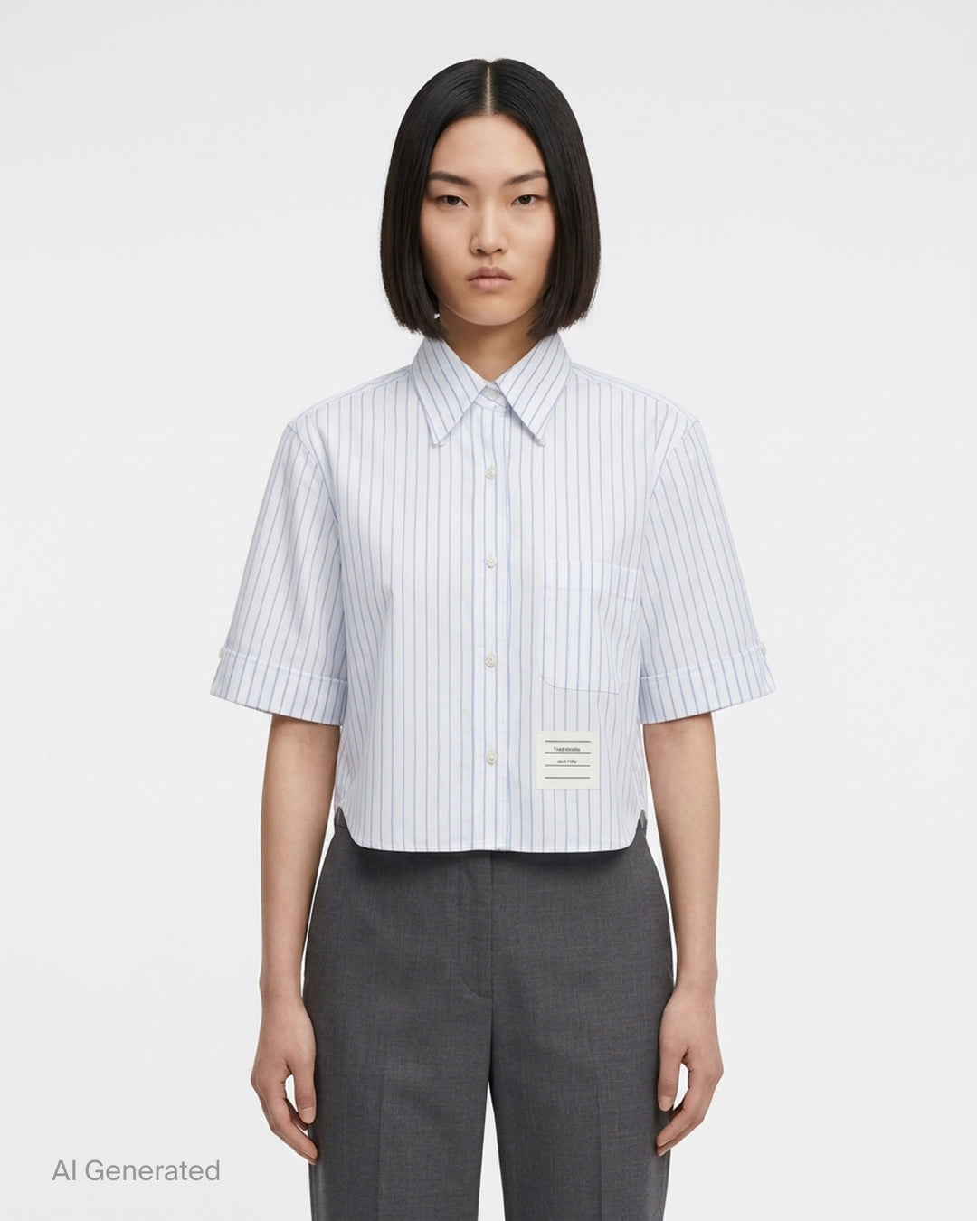 Thom Browne cropped short sleeve shirt in white with blue vertical pinstripes, button-down collar, chest pocket and woven logo label at the hem - front