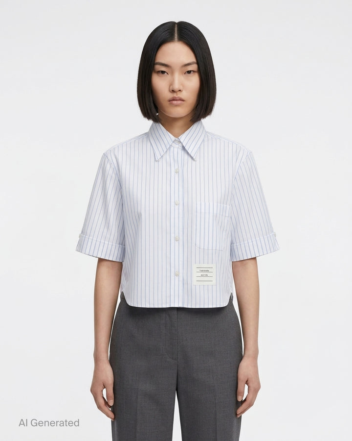 Thom Browne cropped short sleeve shirt in white with blue vertical pinstripes, button-down collar, chest pocket and woven logo label at the hem - front