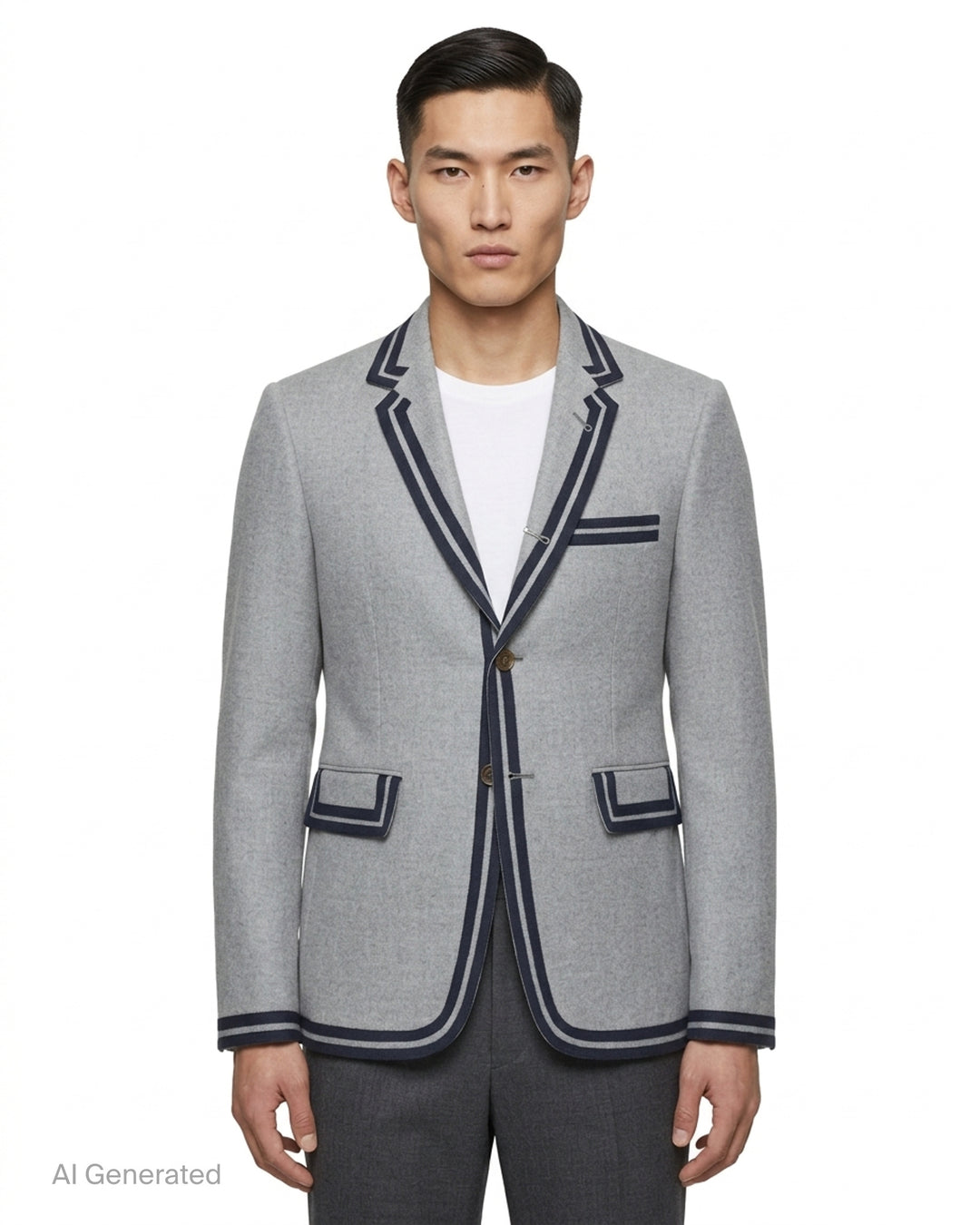 Thom Browne grey single-breasted blazer with navy and grey cricket stripe trim and striped lining - front