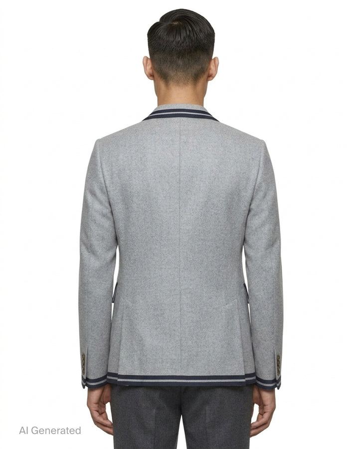 Thom Browne grey single-breasted blazer with navy and grey cricket stripe trim and striped lining - back