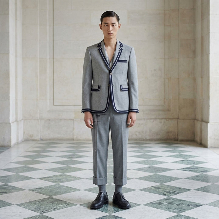 Thom Browne grey single-breasted blazer with navy and grey cricket stripe trim and striped lining - lifestyle