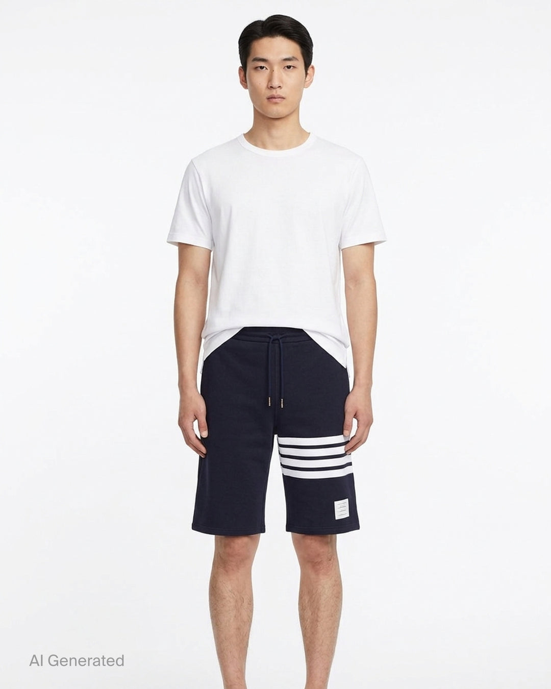 Thom Browne navy cotton sweat shorts with drawstring waist, white 4-Bar stripe on one leg and woven label patch at the hem - front