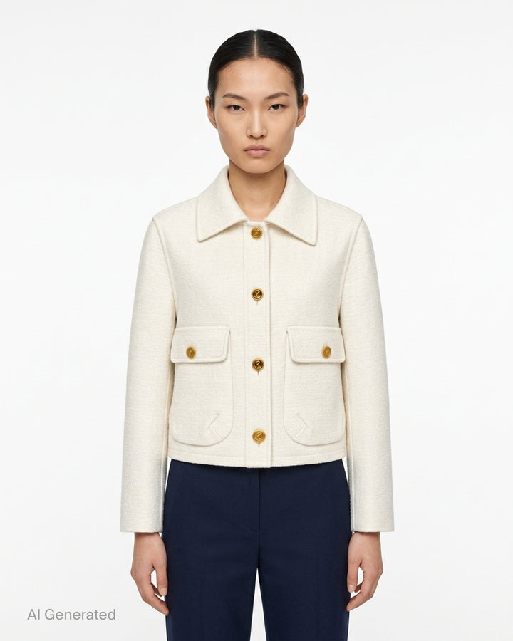 Thom Browne cream cropped blouson jacket in textured bouclé with gold-tone buttons, flap patch pockets and a red, white and blue striped lining at the collar - front