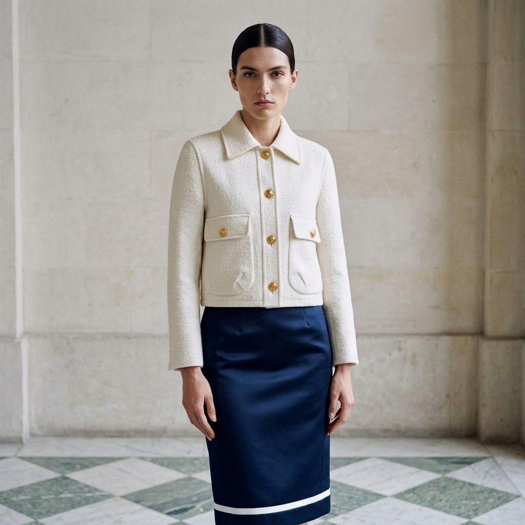 Thom Browne cream cropped blouson jacket in textured bouclé with gold-tone buttons, flap patch pockets and a red, white and blue striped lining at the collar - lifestyle