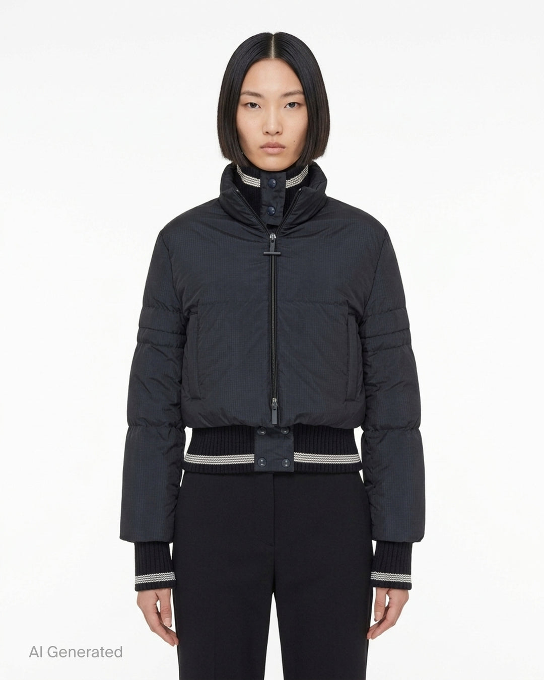 Thom Browne navy cropped down-filled zip front jacket with ripstop shell and striped rib knit collar, hem and cuffs - front