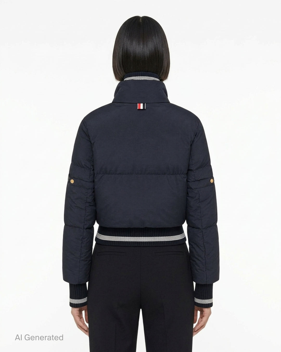Thom Browne navy cropped down-filled zip front jacket with ripstop shell and striped rib knit collar, hem and cuffs - back