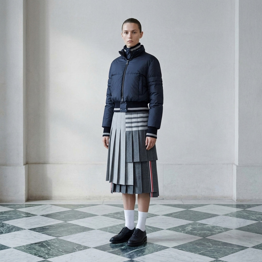 Thom Browne navy cropped down-filled zip front jacket with ripstop shell and striped rib knit collar, hem and cuffs - lifestyle