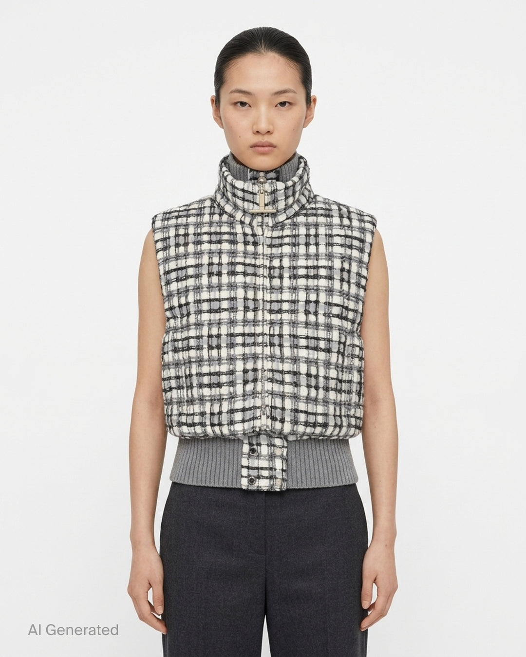 Thom Browne cropped down-filled zip front vest in grey and white tweed check with ribbed knit collar and hem - front