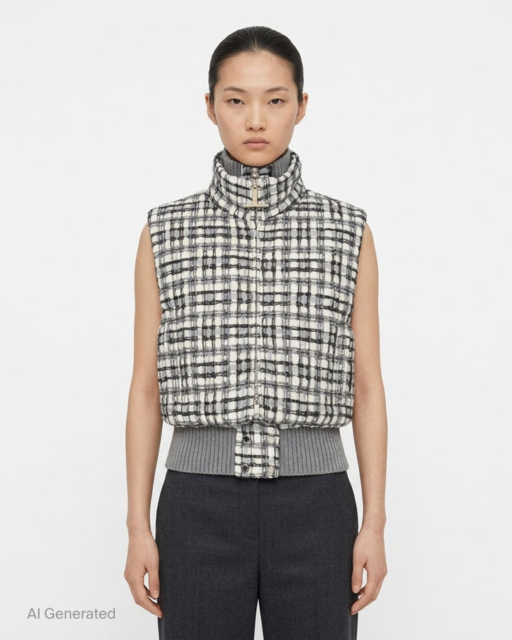 Thom Browne cropped down-filled zip front vest in grey and white tweed check with ribbed knit collar and hem - front