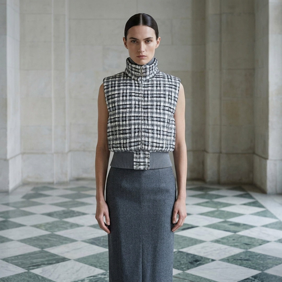Thom Browne cropped down-filled zip front vest in grey and white tweed check with ribbed knit collar and hem - lifestyle