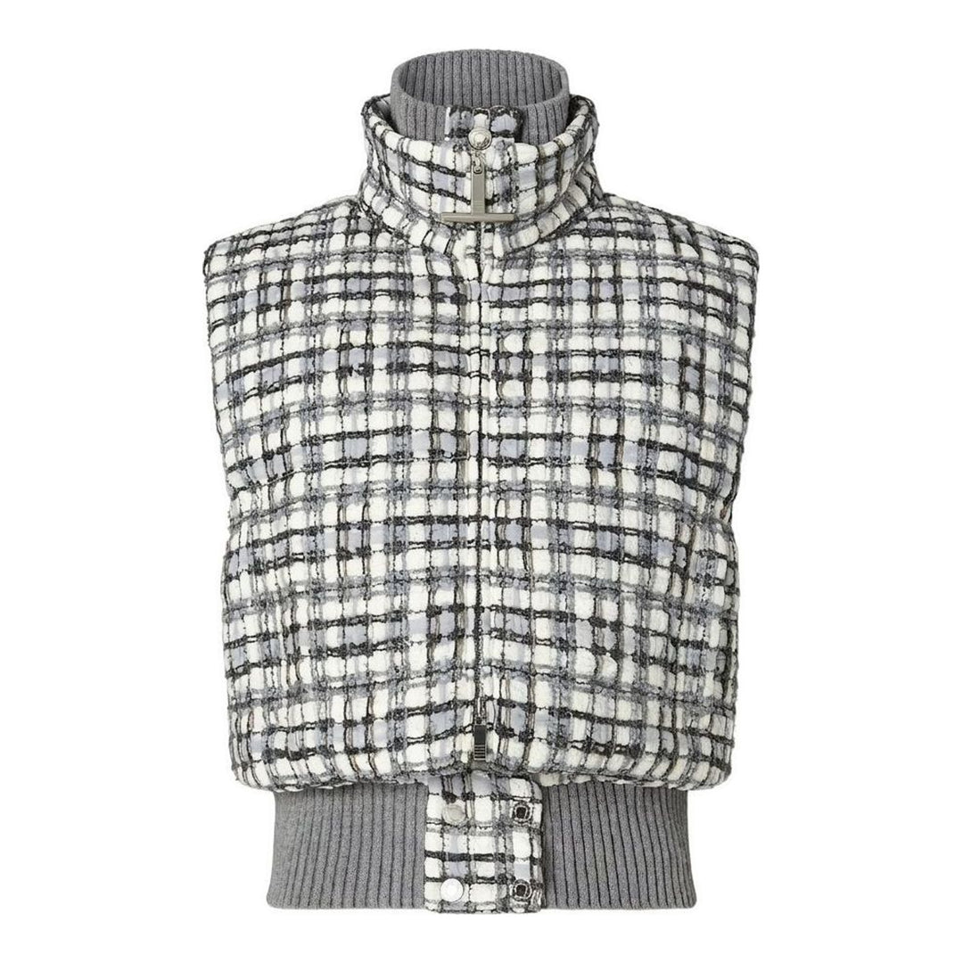 Thom Browne cropped down-filled zip front vest in grey and white tweed check with ribbed knit collar and hem - packshot