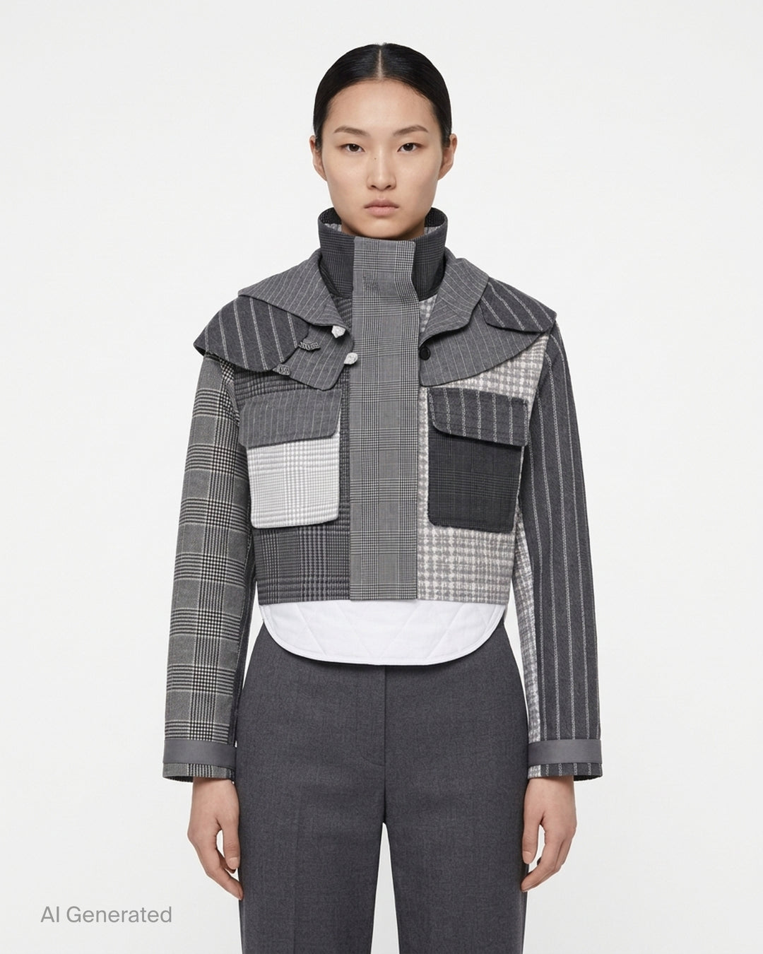 Thom Browne cropped tailored parka in grey patchwork of pinstripe, glen check and houndstooth with layered collar, flap chest pockets and quilted white curved hem - front