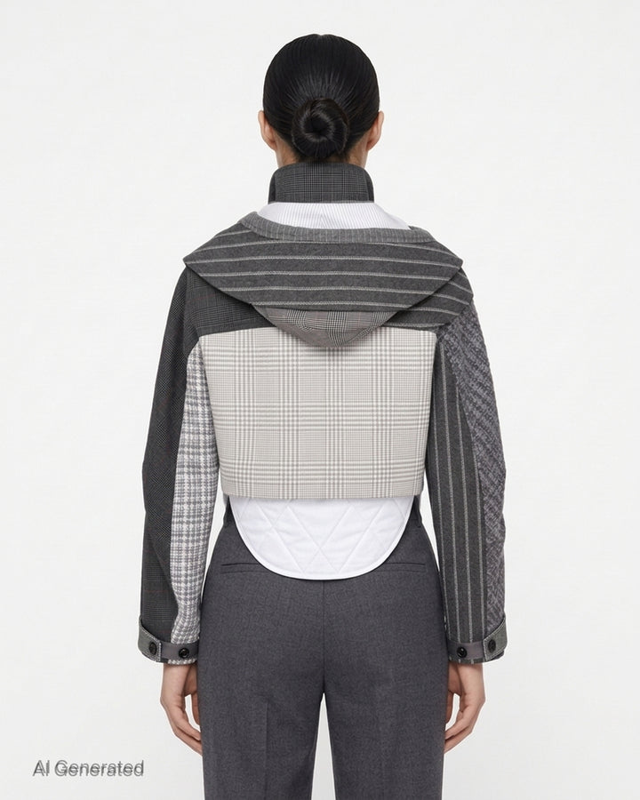 Thom Browne cropped tailored parka in grey patchwork of pinstripe, glen check and houndstooth with layered collar, flap chest pockets and quilted white curved hem - back