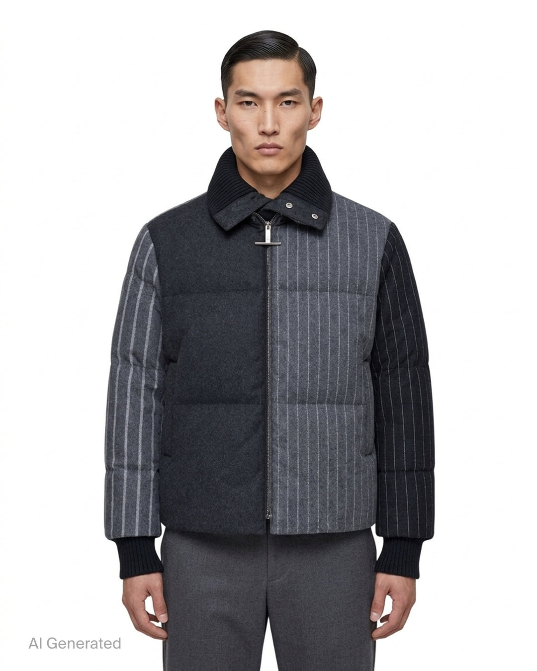 Thom Browne down-filled zip front puffer jacket in patchwork grey flannel and pinstripe with black ribbed knit collar and cuffs - front