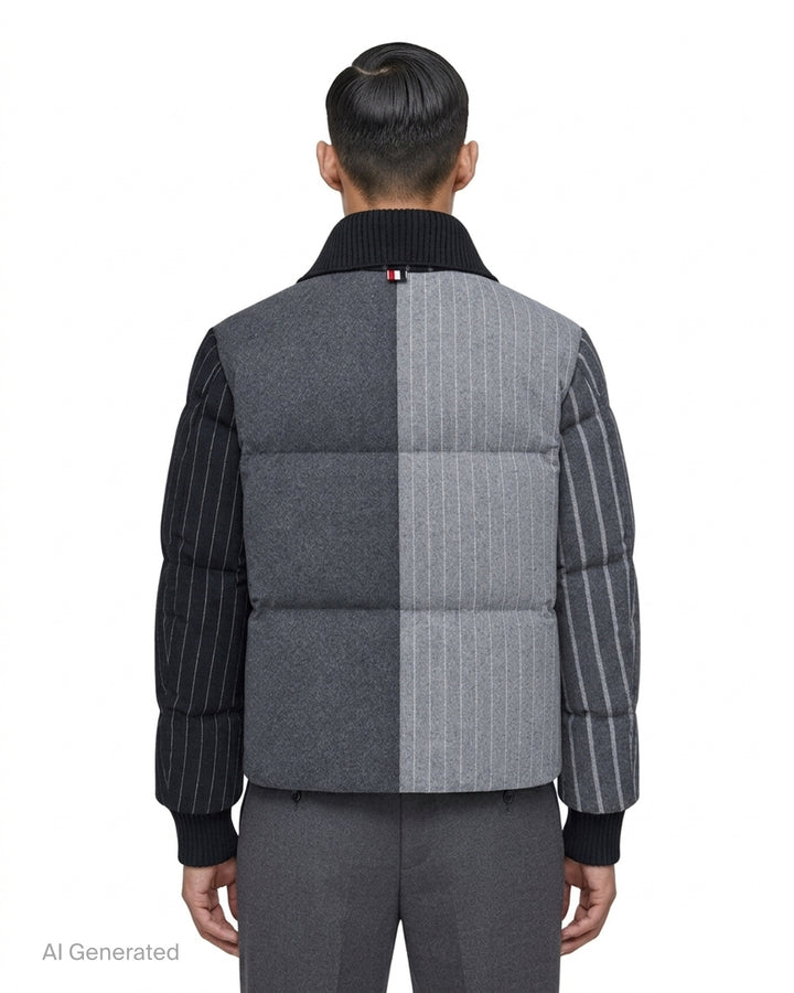 Thom Browne down-filled zip front puffer jacket in patchwork grey flannel and pinstripe with black ribbed knit collar and cuffs - back