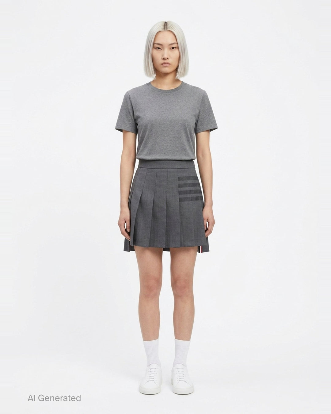 Thom Browne grey pleated mini skirt with tonal 4-bar stripe on one panel and red, white, and blue grosgrain tab at hem - front