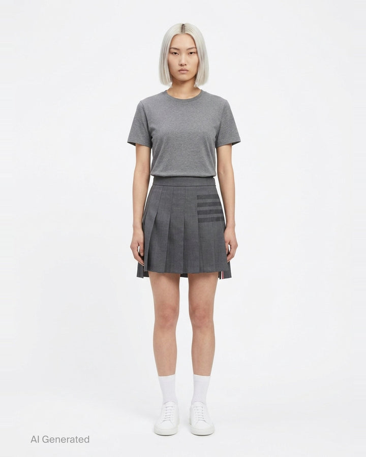 Thom Browne grey pleated mini skirt with tonal 4-bar stripe on one panel and red, white, and blue grosgrain tab at hem - front