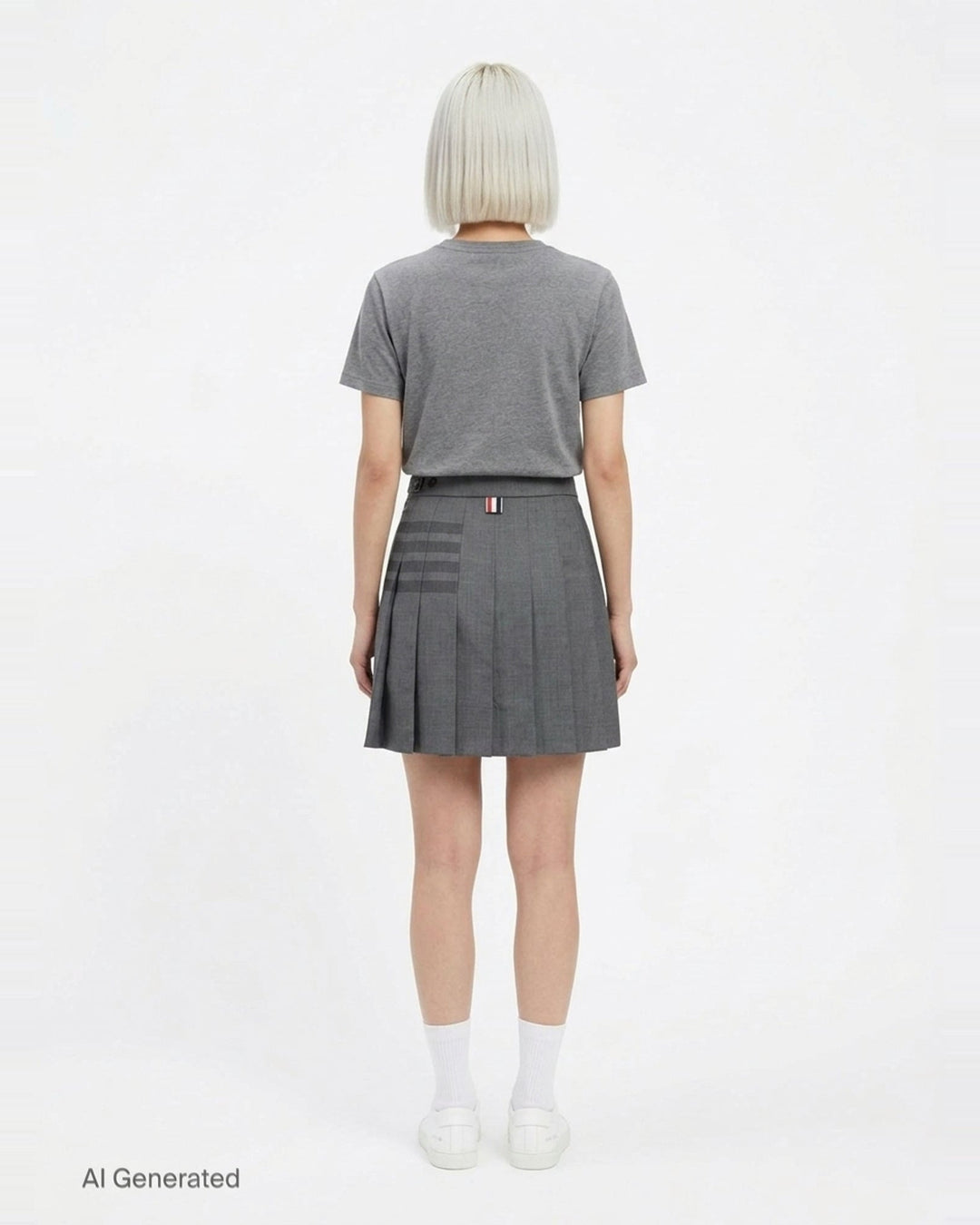 Thom Browne grey pleated mini skirt with tonal 4-bar stripe on one panel and red, white, and blue grosgrain tab at hem - back