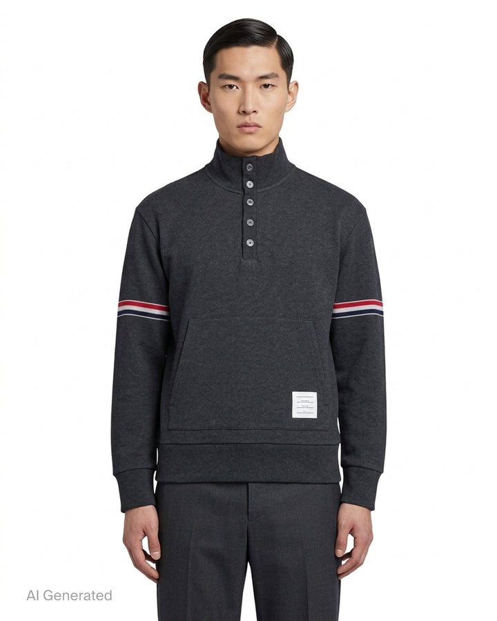 Thom Browne charcoal grey piqué funnel neck pullover with five-button placket, kangaroo pocket and red, white and blue striped sleeves - front