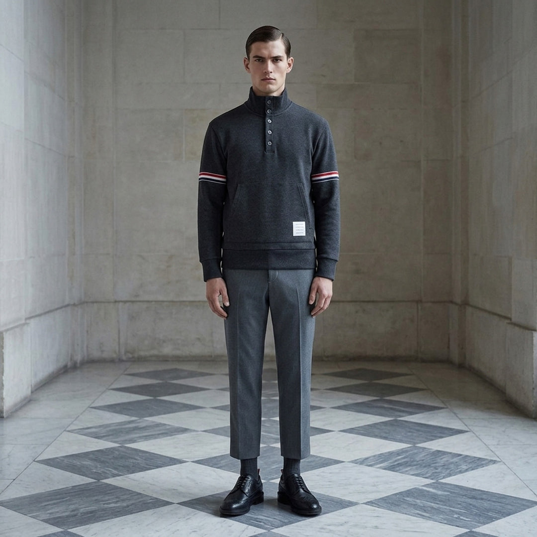 Thom Browne charcoal grey piqué funnel neck pullover with five-button placket, kangaroo pocket and red, white and blue striped sleeves - lifestyle