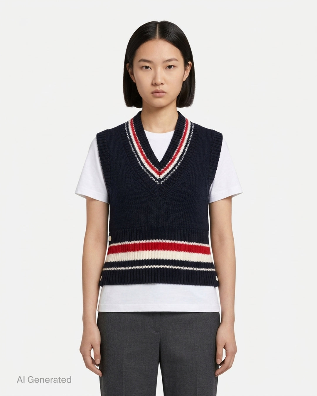Thom Browne navy chunky-knit V-neck vest with red, white, and blue intarsia stripes at the neckline and hem and pearl buttons at the hem - front