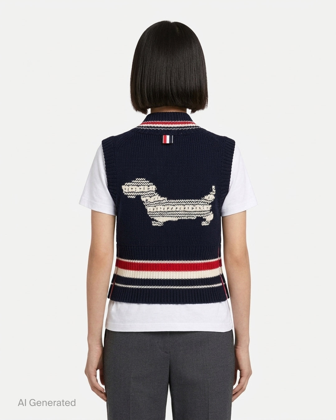 Thom Browne navy chunky-knit V-neck vest with red, white, and blue intarsia stripes at the neckline and hem and pearl buttons at the hem - back