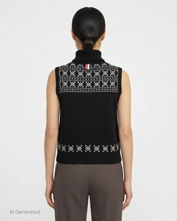 Black sleeveless turtleneck knit vest with white and grey Icelandic Fair Isle snowflake pattern across the yoke and hem - back