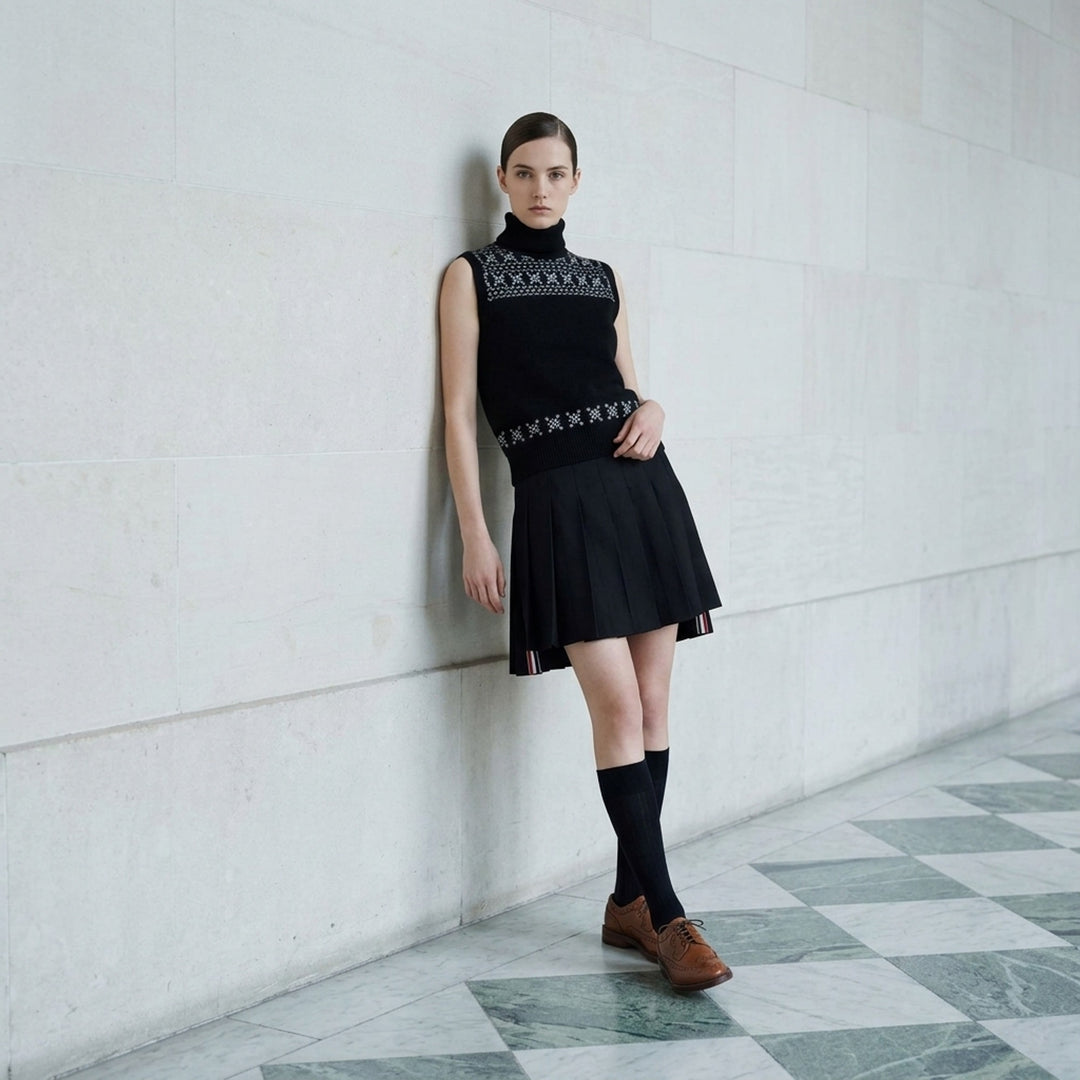 Black sleeveless turtleneck knit vest with white and grey Icelandic Fair Isle snowflake pattern across the yoke and hem - lifestyle