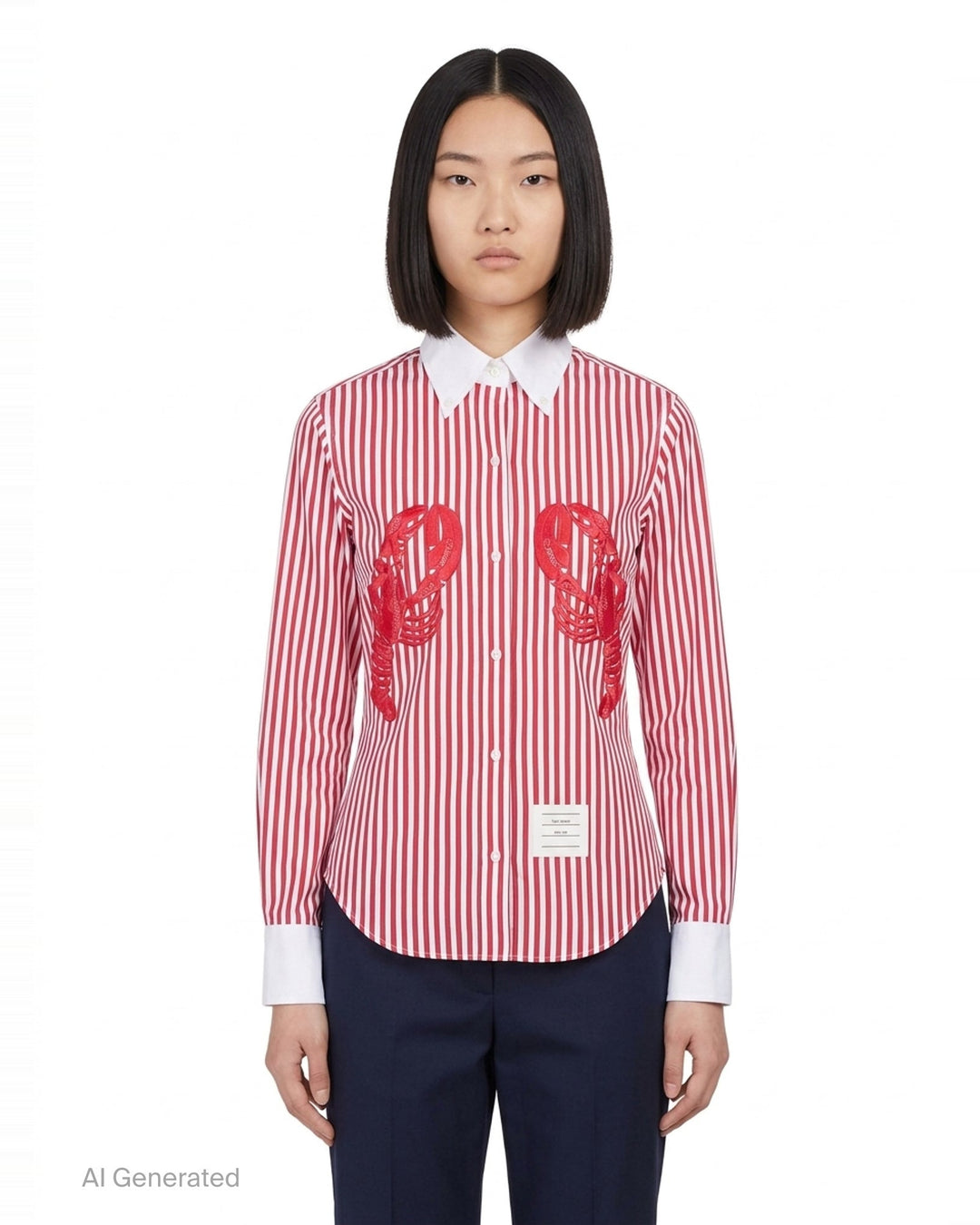 Thom Browne red and white candy-striped button-down shirt with 3D red lacework lobster appliqués on the chest, white contrast point collar and cuffs, and signature woven label at the hem - front