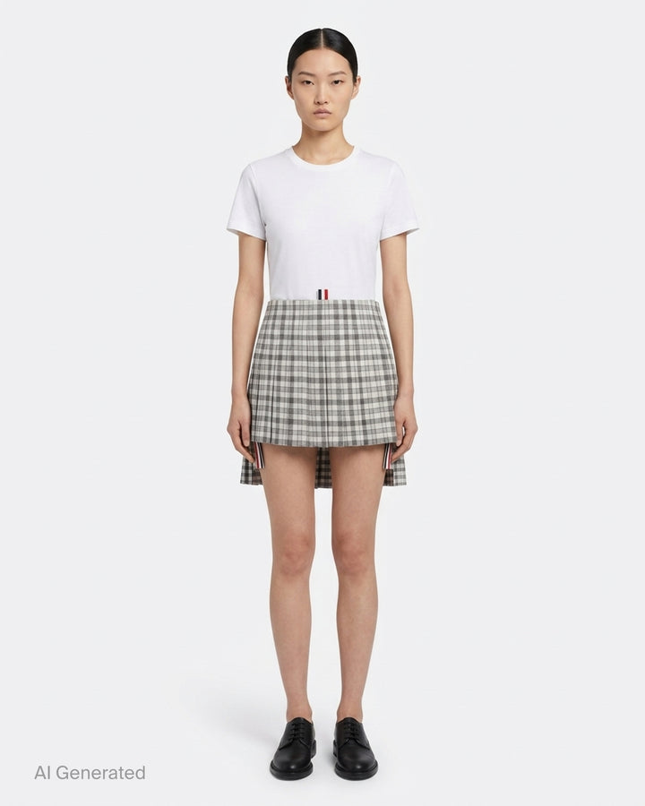 Thom Browne low-rise mini pleated skirt in grey and white gingham check with layered hem and red, white, and blue grosgrain trim - front