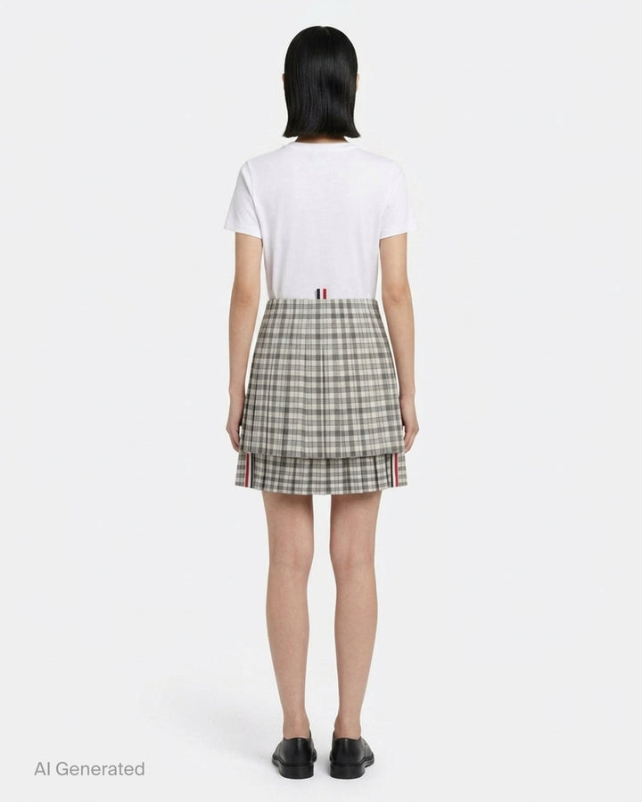Thom Browne low-rise mini pleated skirt in grey and white gingham check with layered hem and red, white, and blue grosgrain trim - back