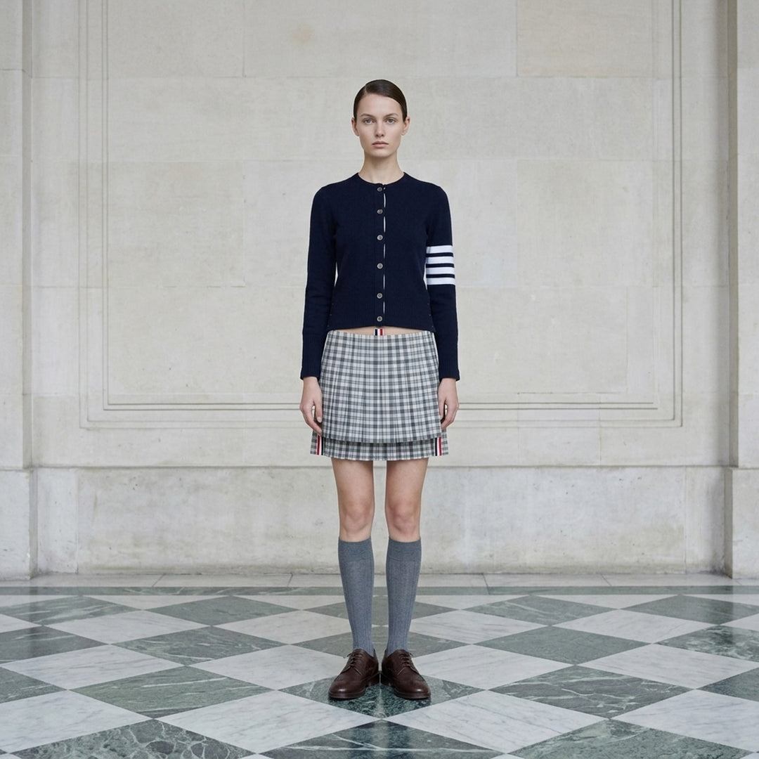 Thom Browne low-rise mini pleated skirt in grey and white gingham check with layered hem and red, white, and blue grosgrain trim - lifestyle