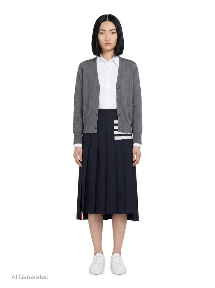 Navy Wool Pleated 4-Bar Skirt | Thom Browne | Club21 - front