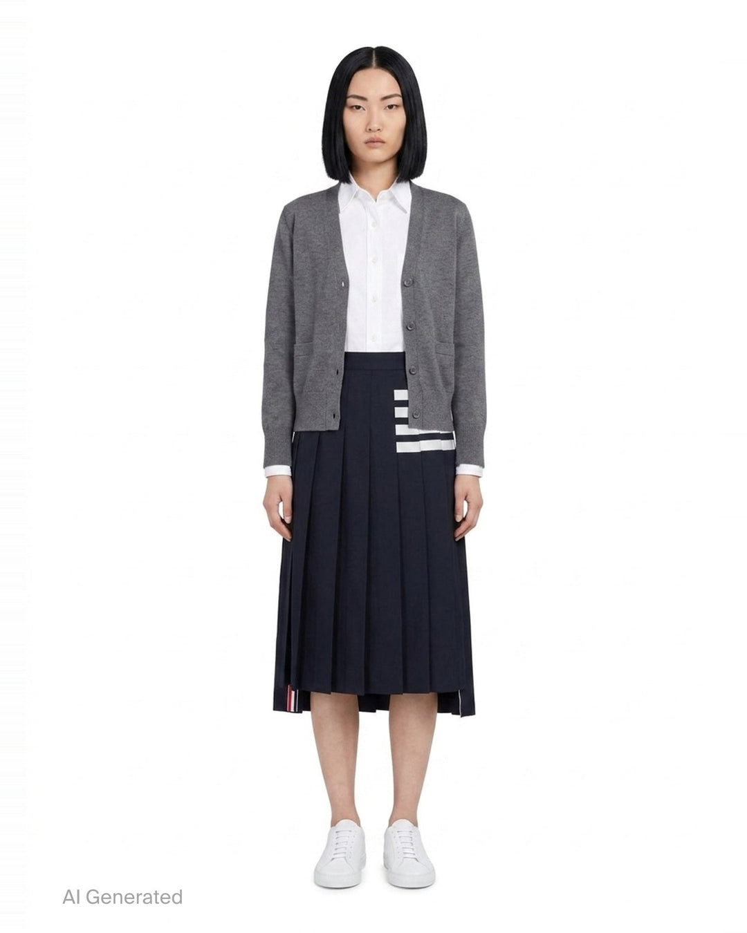 Navy Wool Pleated 4-Bar Skirt | Thom Browne | Club21 - front