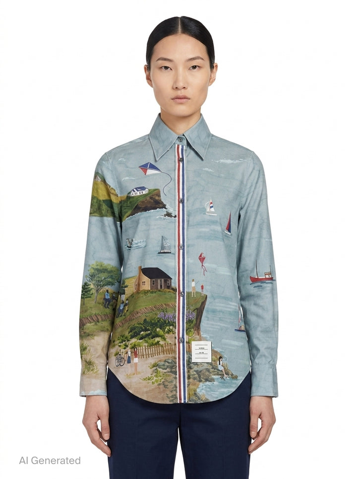 Point Collar Coastal Print Shirt | Thom Browne | Club21 - front