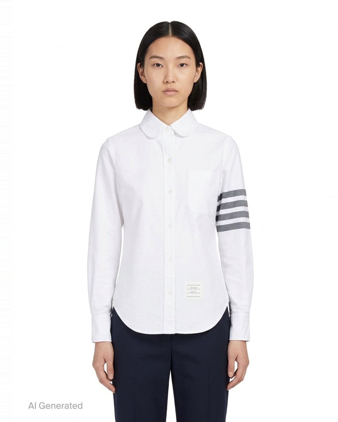 Thom Browne white oxford long sleeve shirt with rounded collar, button-front placket, single chest pocket, and signature four-bar grey stripe across one sleeve - front