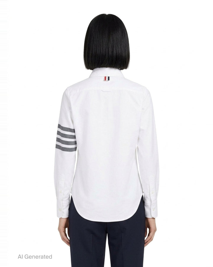 Thom Browne white oxford long sleeve shirt with rounded collar, button-front placket, single chest pocket, and signature four-bar grey stripe across one sleeve - back